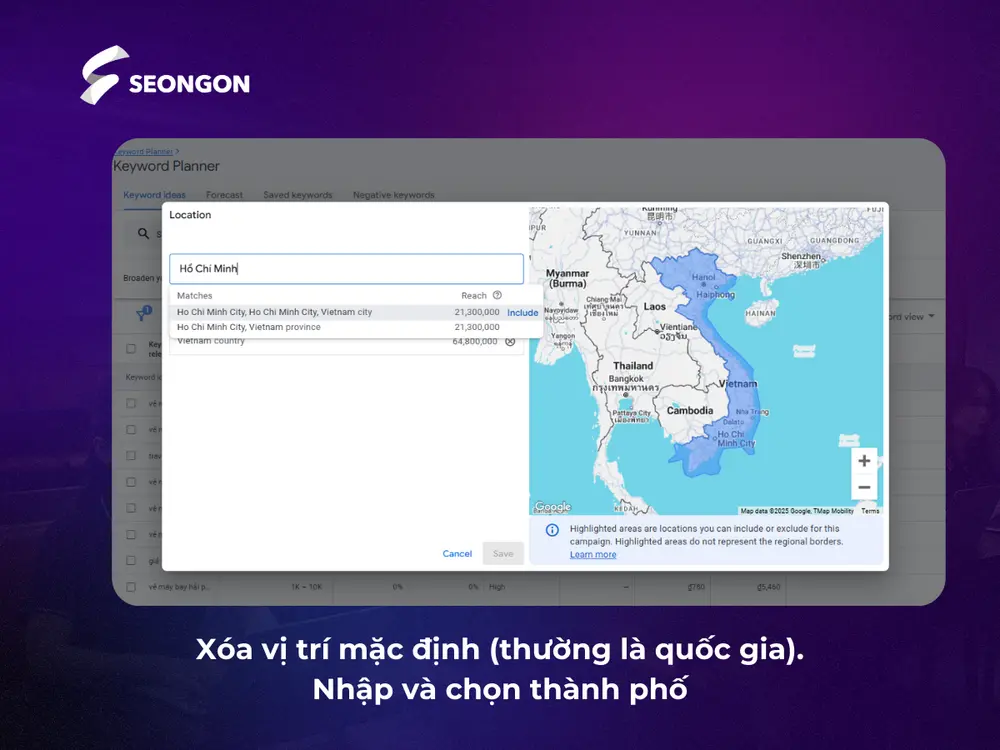 Nhấp vào bộ lọc Vị trí (Location) và chọn khu vực bạn muốn nhắm tới