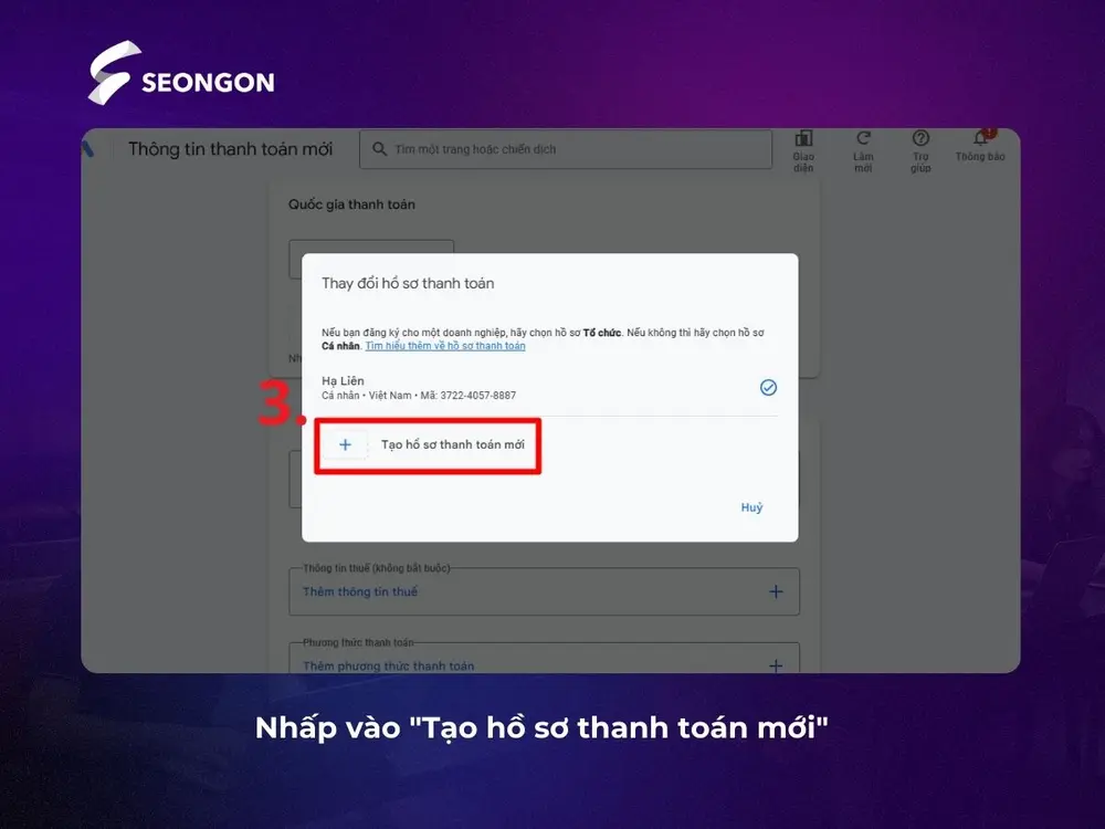 Nhấp vào Tạo hồ sơ thanh toán mới