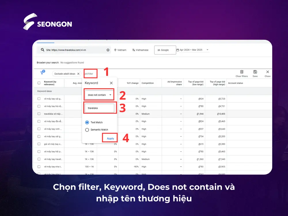 Sử dụng Filter, chọn Keyword text, Does not contain và nhập tên thương hiệu