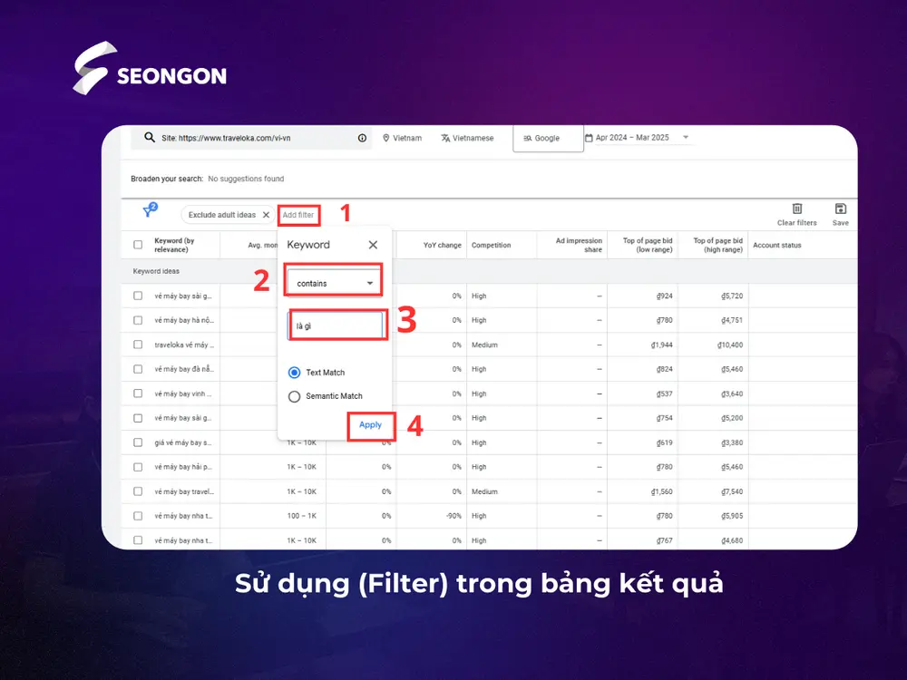 Sử dụng Filter, chọn Keyword text, contain và nhập là gì