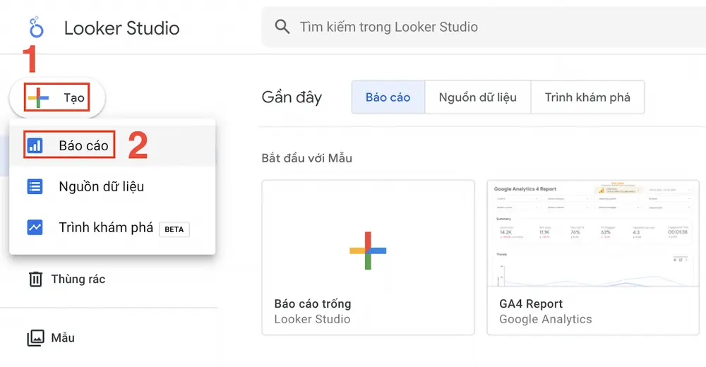 Tạo báo cáo từ nút “Tạo” trên Looker Studio