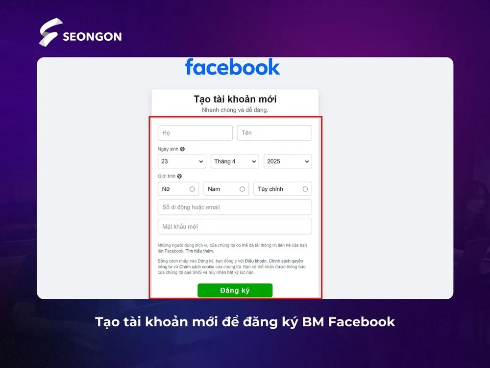 Tạo tài khoản Facebook mới nếu bạn chưa có