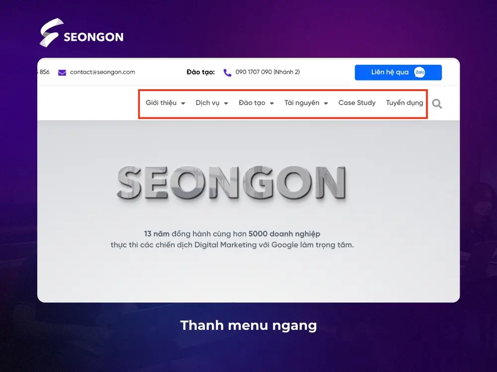 Thanh menu ngang dễ nhận diện và thao tác
