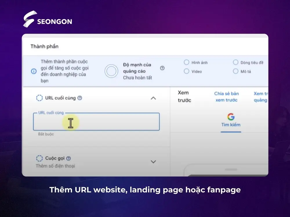 Thêm URL, landing page hoặc liên kết fanpage