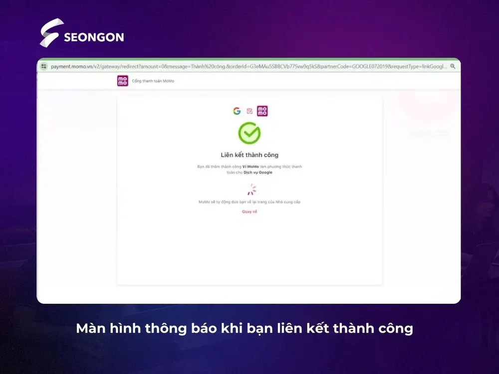 Thông báo liên kết MoMo thành công