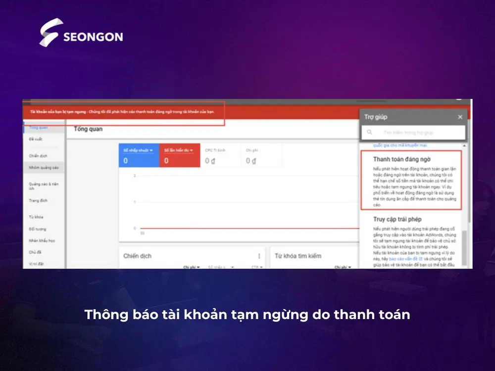 Thông báo tài khoản tạm ngừng do thanh toán Google Ads