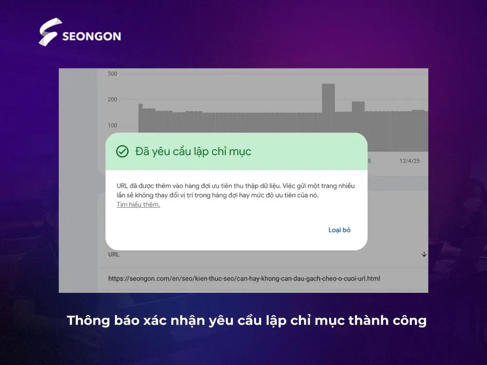 Thông báo xác nhận yêu cầu lập chỉ mục thành công