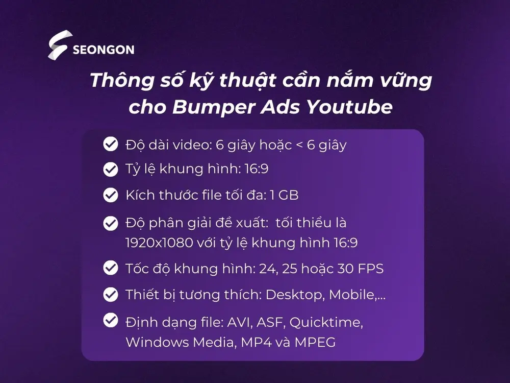 Thông số kỹ thuật cần nắm vững cho Bumper Ads Youtube