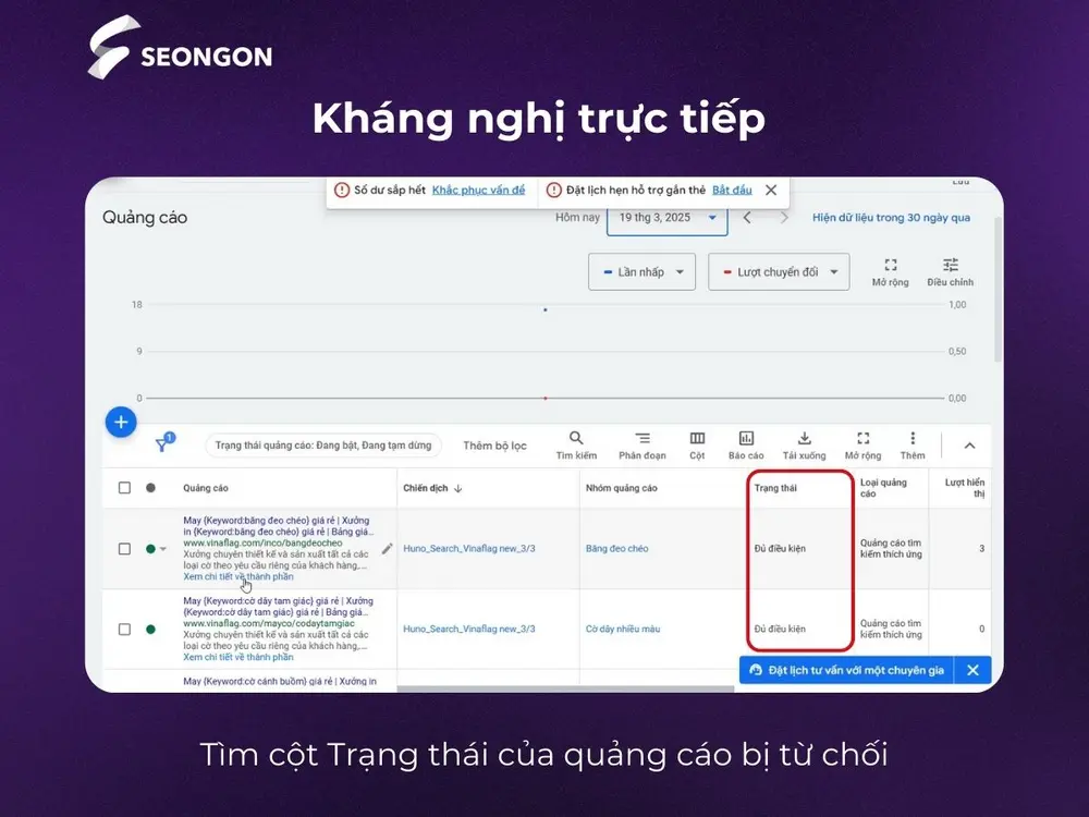 Tìm đến cột Trạng thái của quảng cáo, nhấn nút Kháng nghị nếu có