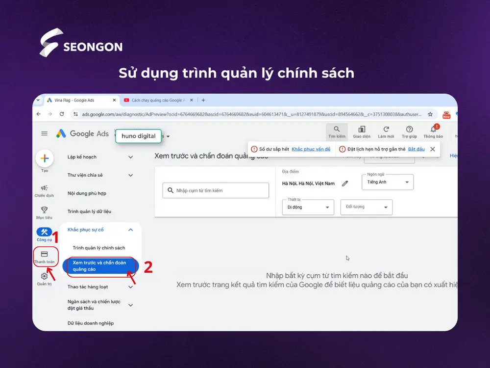 Truy cập Công cụ, nhấp chọn Trình quản lý chính sách