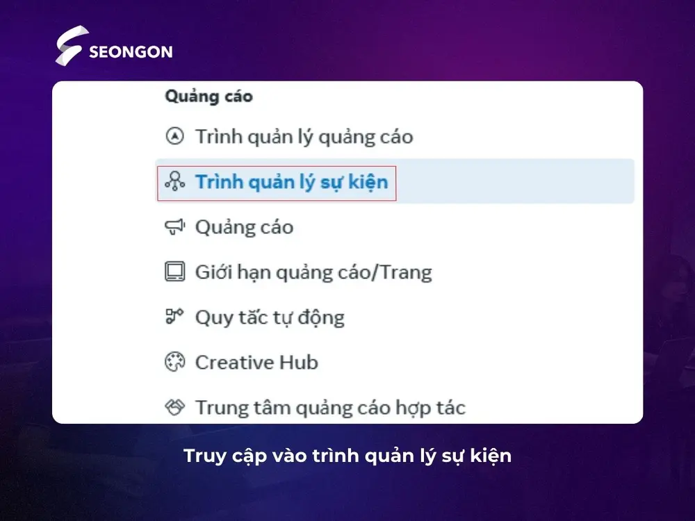 Truy cập vào trình quản lý sự kiện