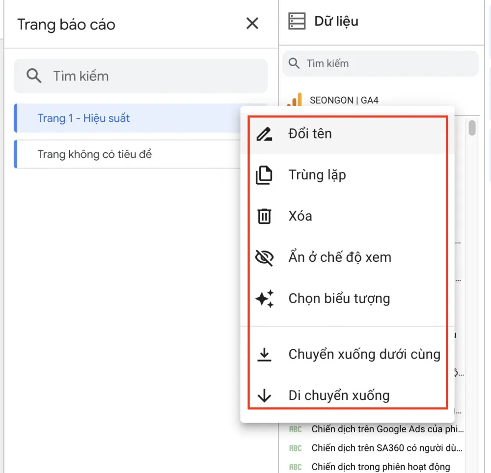 Tùy chỉnh tên, xoá, sao chép hoặc ẩn trang trên Looker Studio