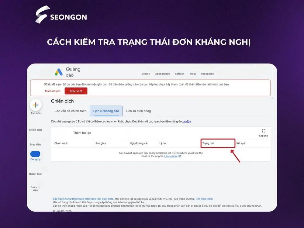 Xem cột trạng thái cho các quảng cáo bạn đã gửi kháng nghị