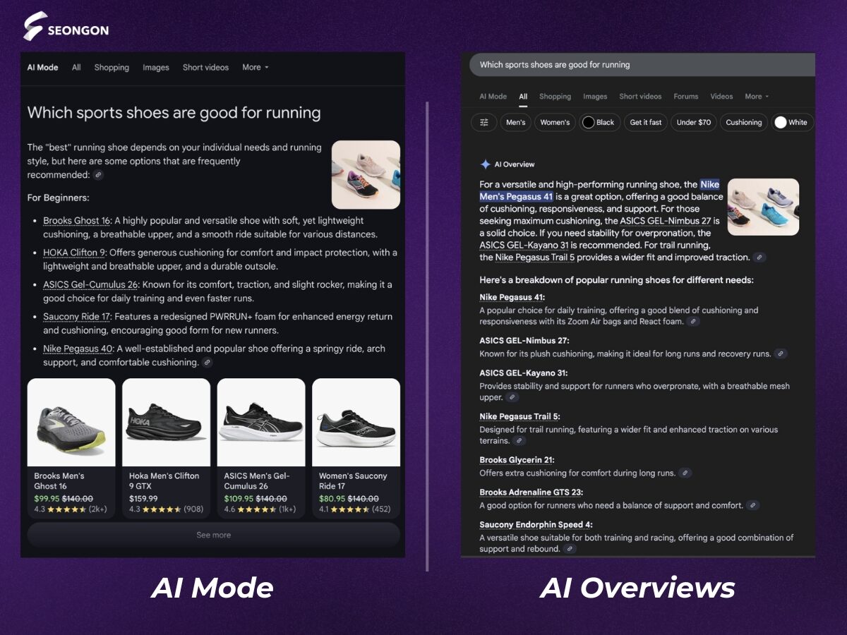 Giao diện của AI Mode và AI Overviews