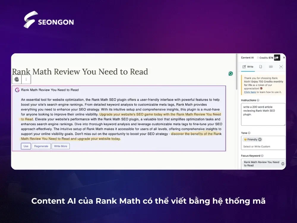 AI của Rank Math có thể hỗ trợ viết nội dung