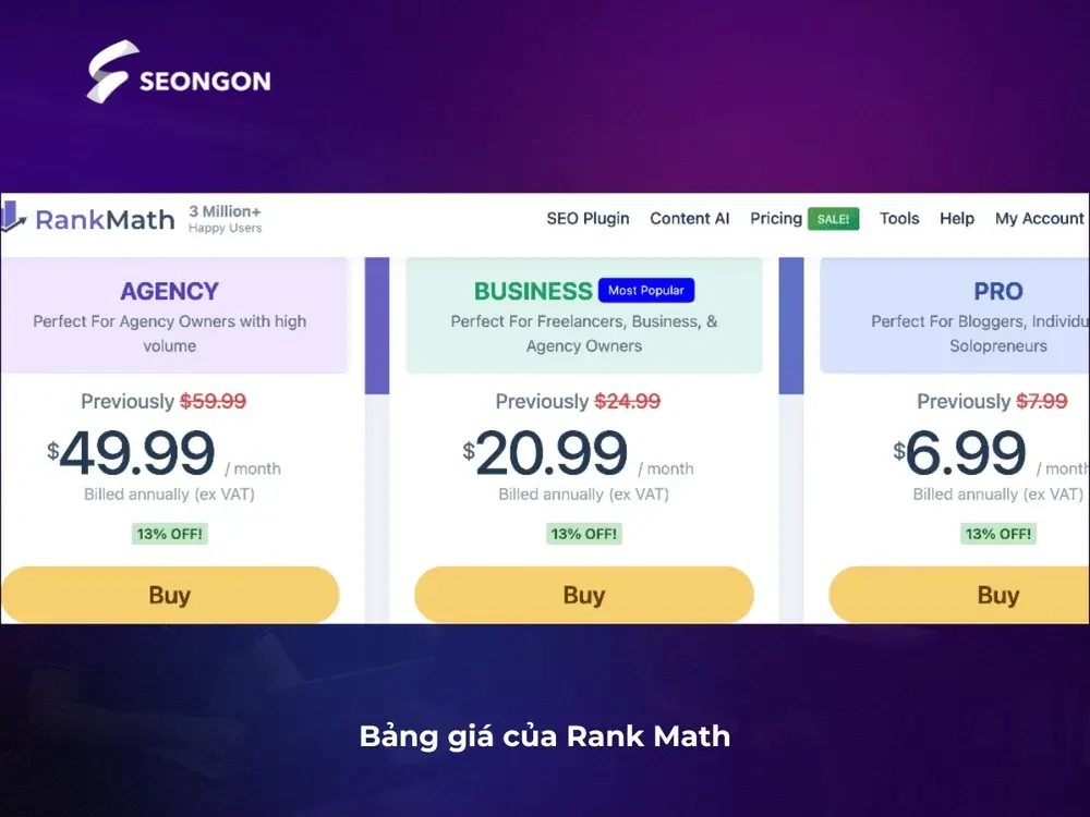 Bảng giá của Rank Math SEO