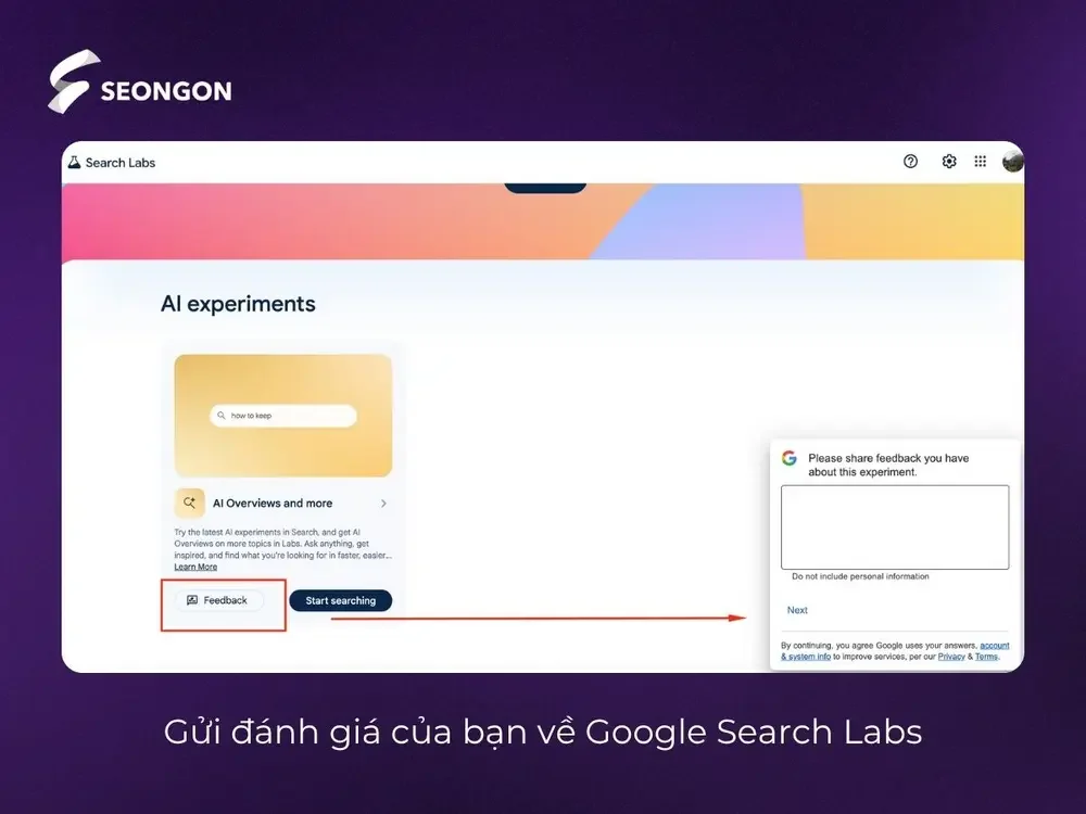 Cách gửi đánh giá về Google Search Labs trên máy tính