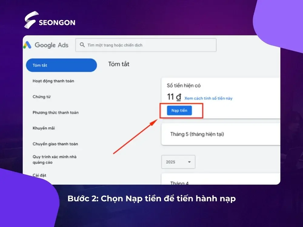 Chọn mục nạp tiền