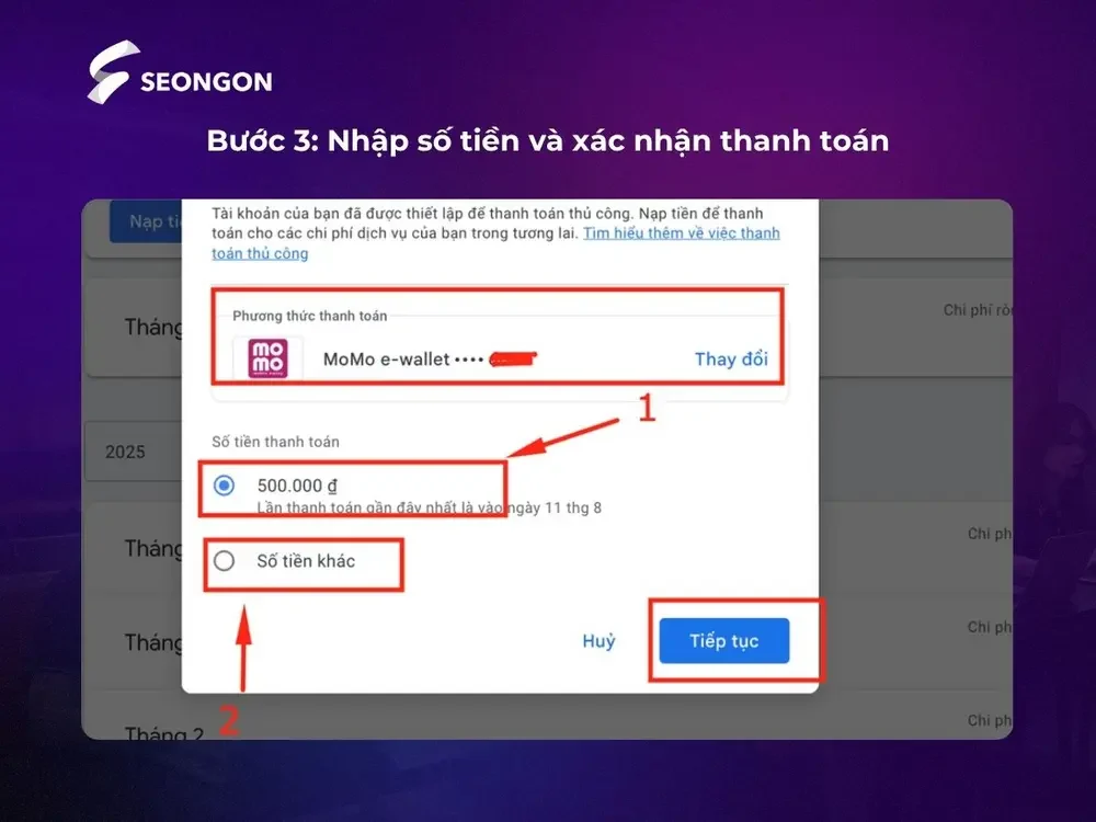 Chọn phương thức thanh toán, nhập số tiền và xác nhận để nạp