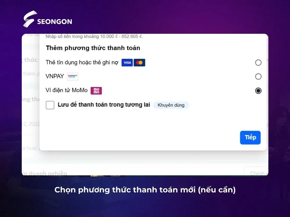 Có thể thay đổi phương thức thanh toán nếu muốn