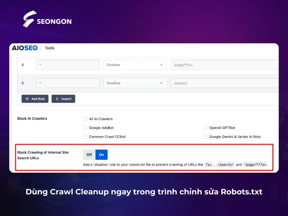 Dùng Crawl Cleanup ngay trong trình chỉnh sửa Robots.txt