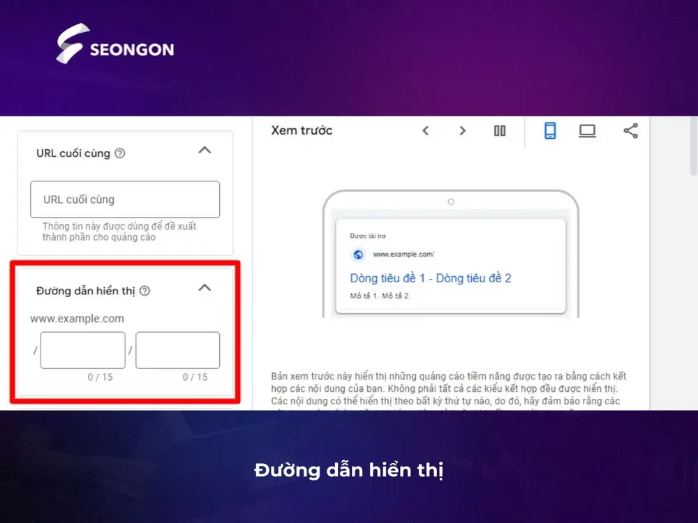 Đường dẫn hiển thị trong mẫu Google Ads