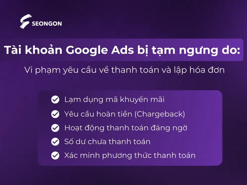 Hành vi vi phạm yêu cầu về thanh toán và lập hóa đơn có thể dẫn đến việc tạm ngưng tài khoản của bạn