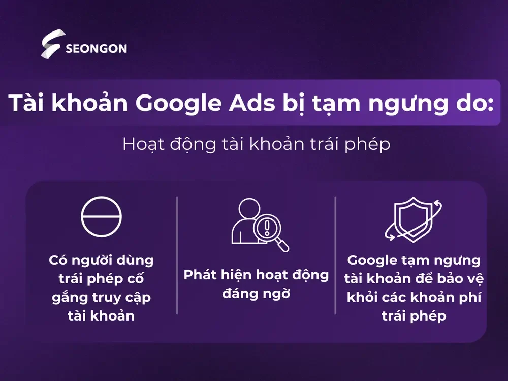Hoạt động tài khoản trái phép dẫn đến tài khoản Google Ads bị tạm ngưng