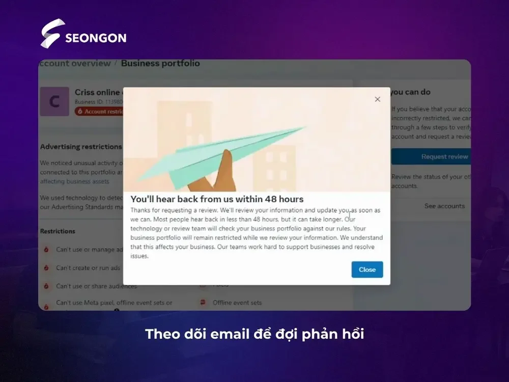 Kiểm tra email để nhận phản hồi từ Meta