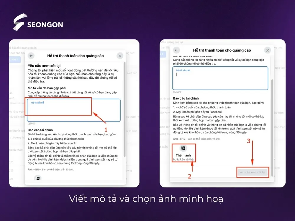 Nhập các thông tin và hình ảnh mô tả vấn đề bạn gặp phải