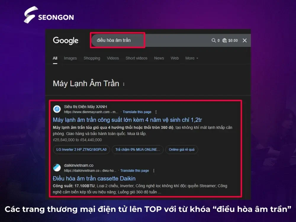 SEO Ecommerce lên TOP với từ khóa “điều hòa âm trần”