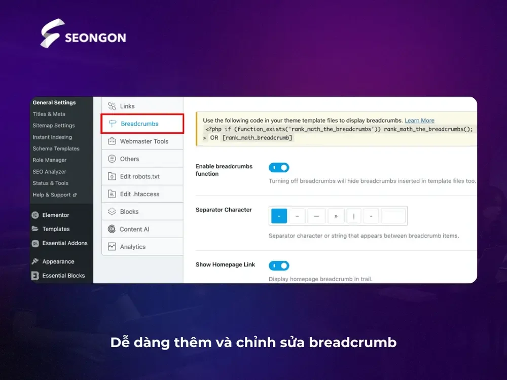 Thêm và chỉnh sửa breadcrumb