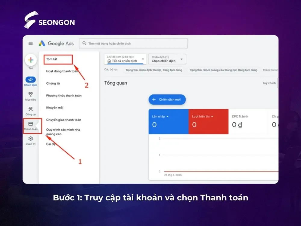 Truy cập tài khoản Google Ads và chọn Thanh toán