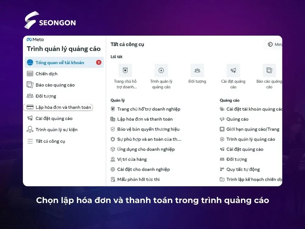 Vào mục lập hóa đơn và thanh toán trong trình quản lý quảng cáo