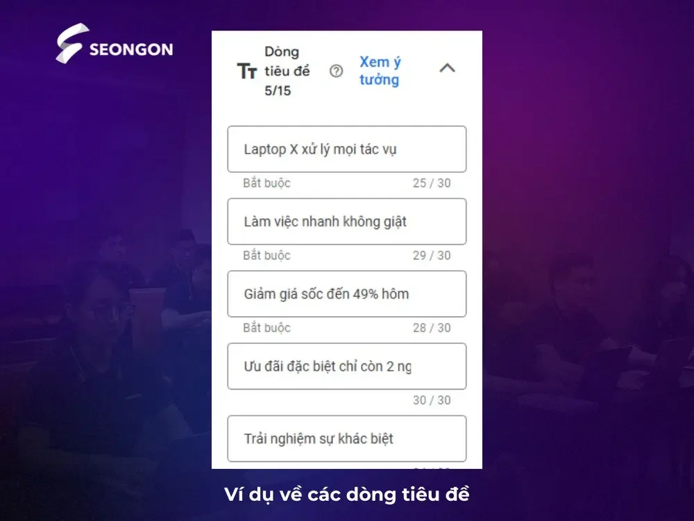 Ví dụ cách viết các dòng tiêu đề quảng cáo Google Ads