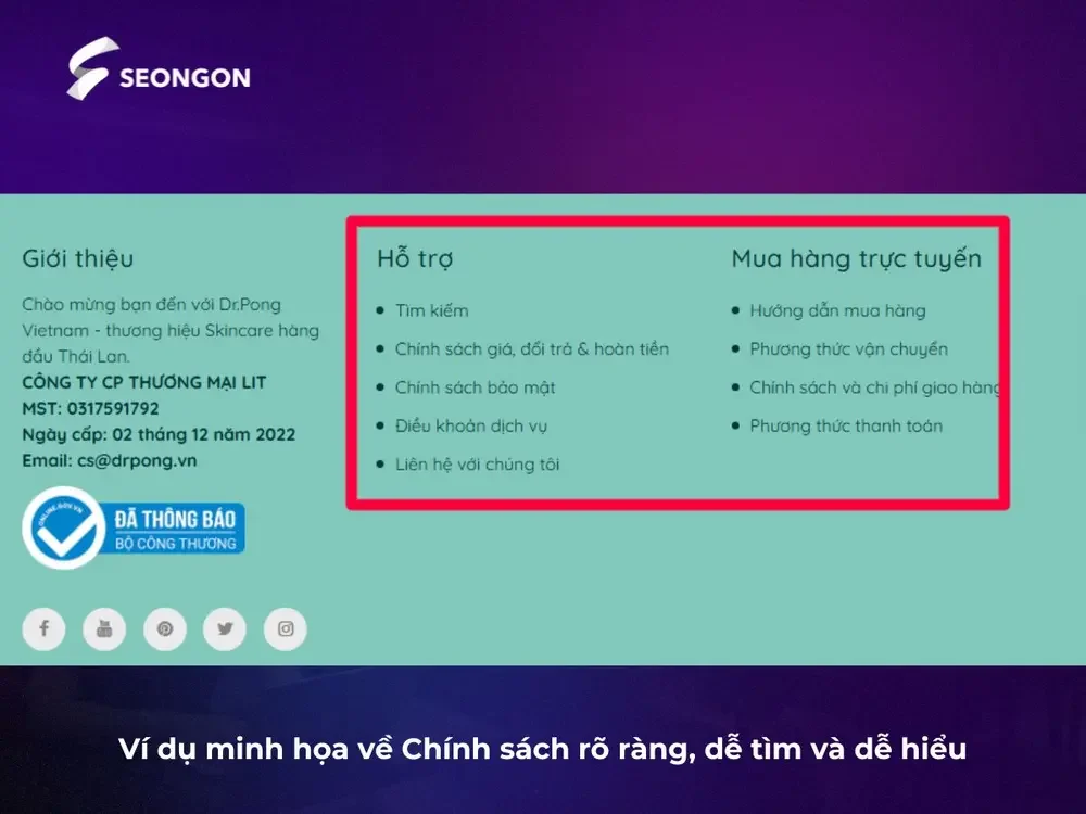 Ví dụ minh họa về Chính sách rõ ràng, dễ tìm và dễ hiểu trong SEO Ecommerce