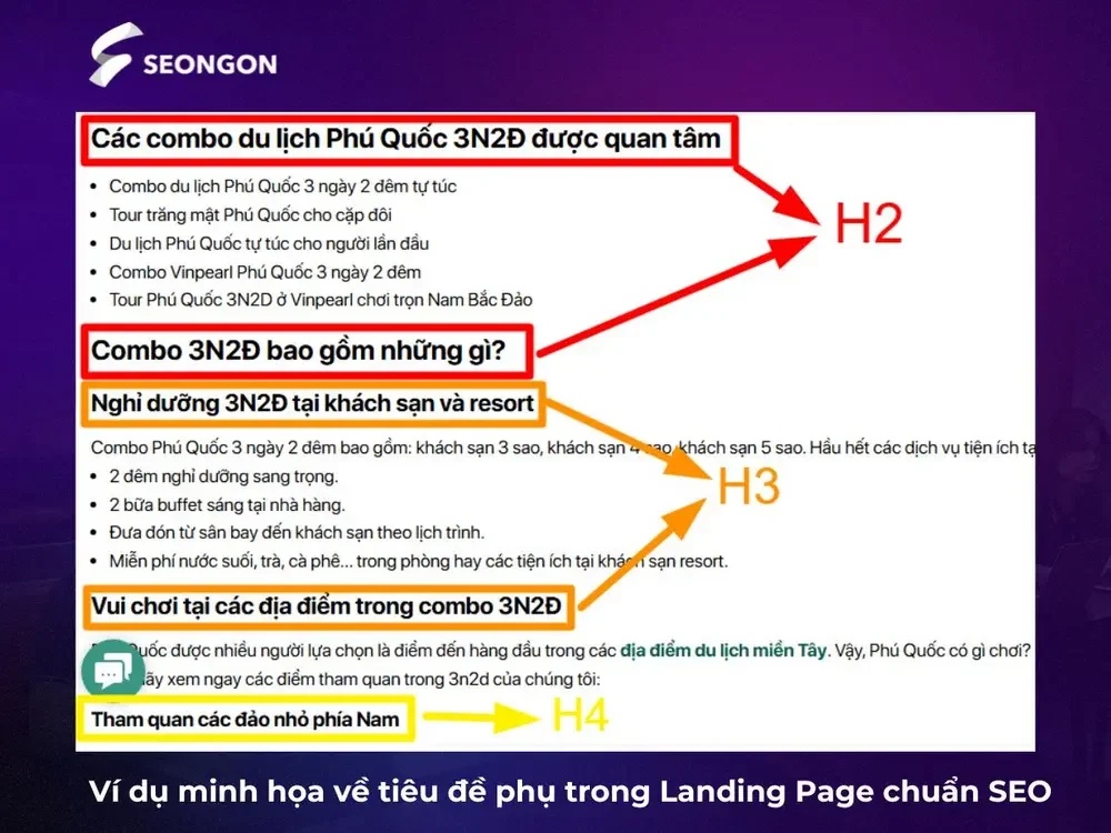 Ví dụ minh họa về tiêu đề phụ trong Landing Page chuẩn SEO