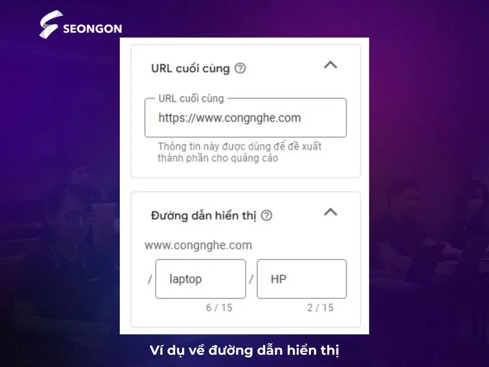 Ví dụ về đường dẫn hiển thị trong quảng cáo Google Ads