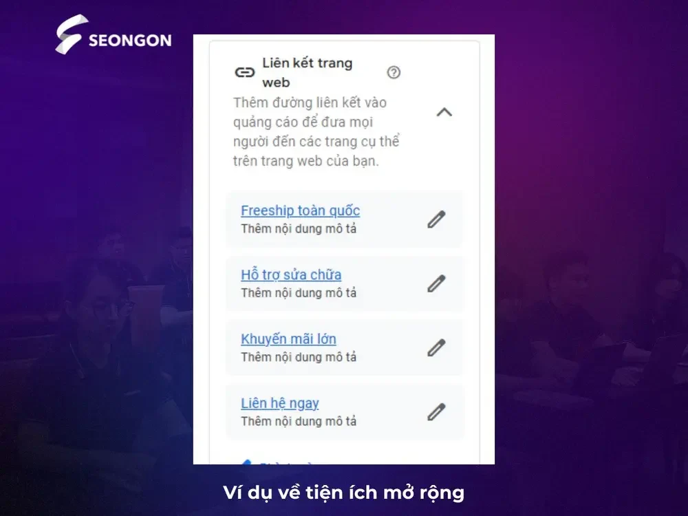 Ví dụ về tiện ích mở rộng trong Google Ads