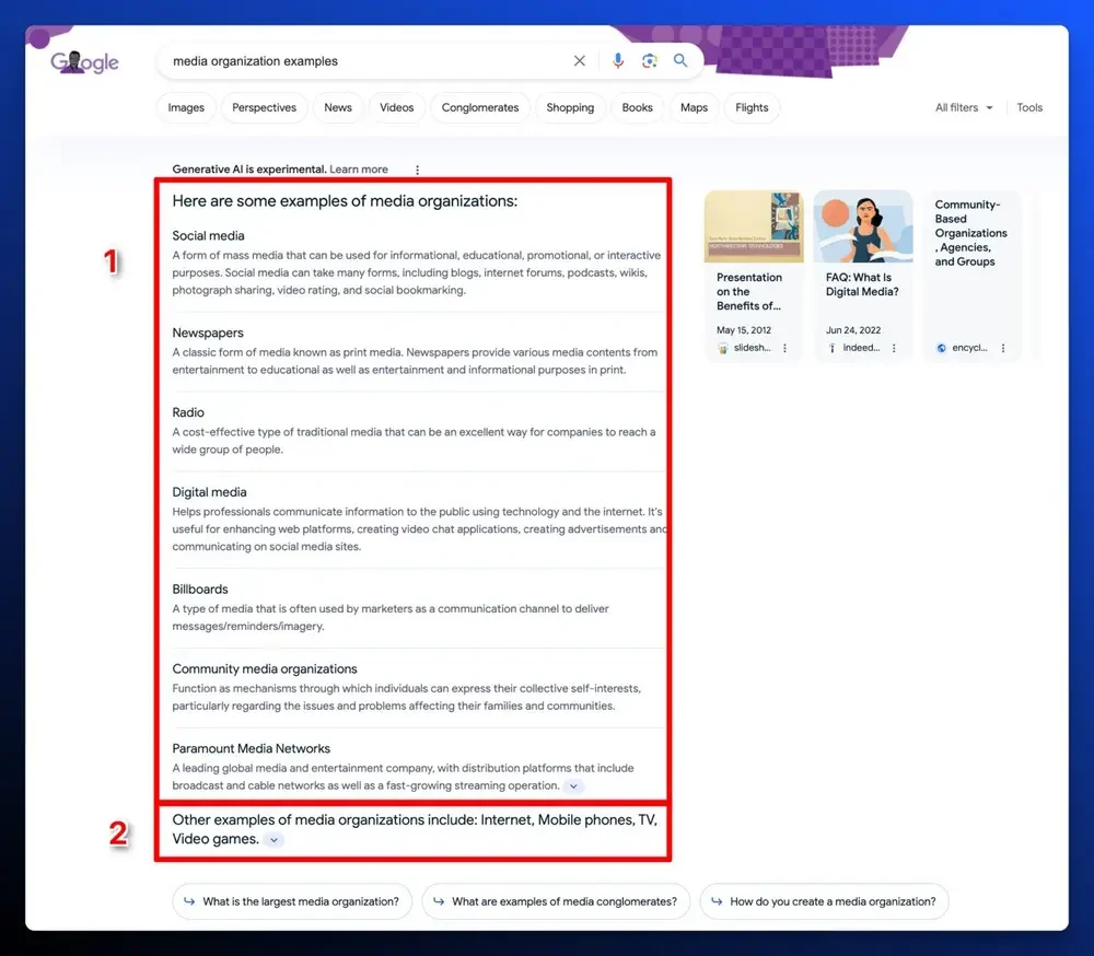 Thử nghiệm 3: Từ khóa Media Organization Examples
