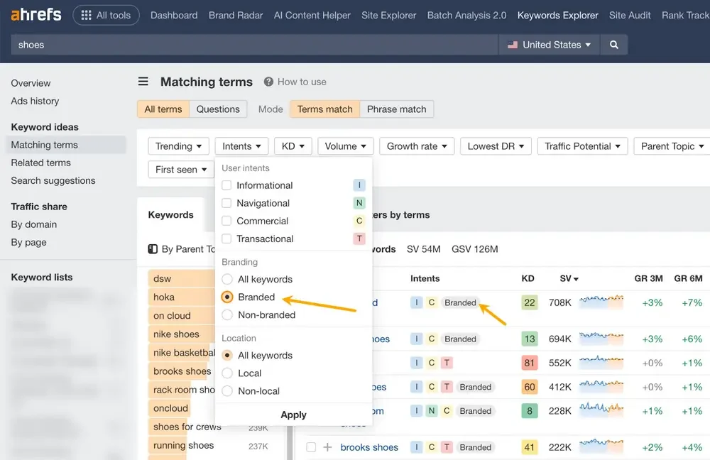 Ahrefs đã tích hợp bộ lọc Search Intent để nhanh chóng xác định và phân loại các truy vấn theo mục đích tìm kiếm