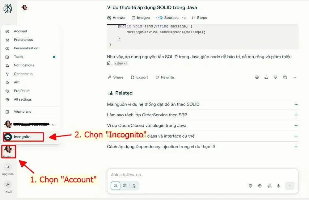 Bật Incognito để ẩn danh trong Perplexity