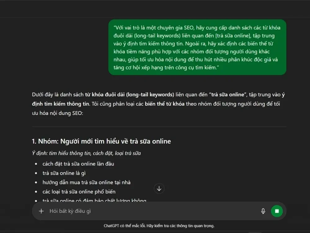 Cách dùng prompt xác định từ khoá đuôi dài cho sản phẩm/dịch vụ trà sữa online