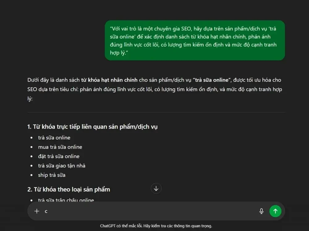 Cách dùng prompt xác định từ khoá hạt nhân cho sản phẩm/dịch vụ trà sữa online