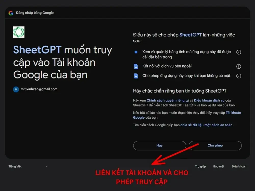 Cấp quyền truy cập cho SheetGPT