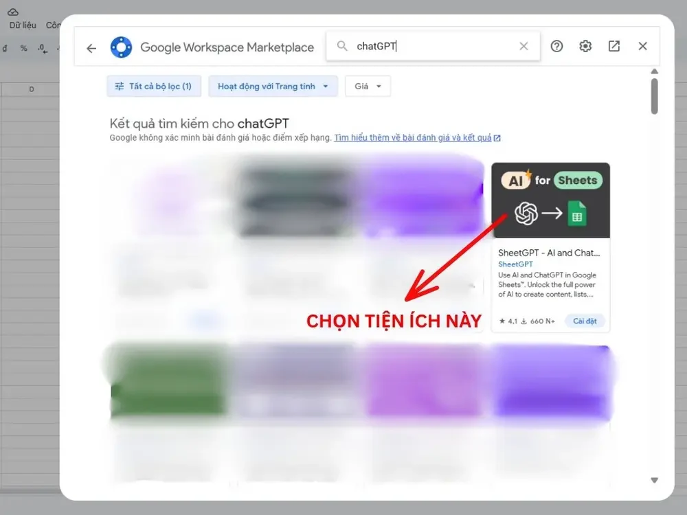Chọn tiện ích SheetGPT và bỏ qua các gợi ý khác