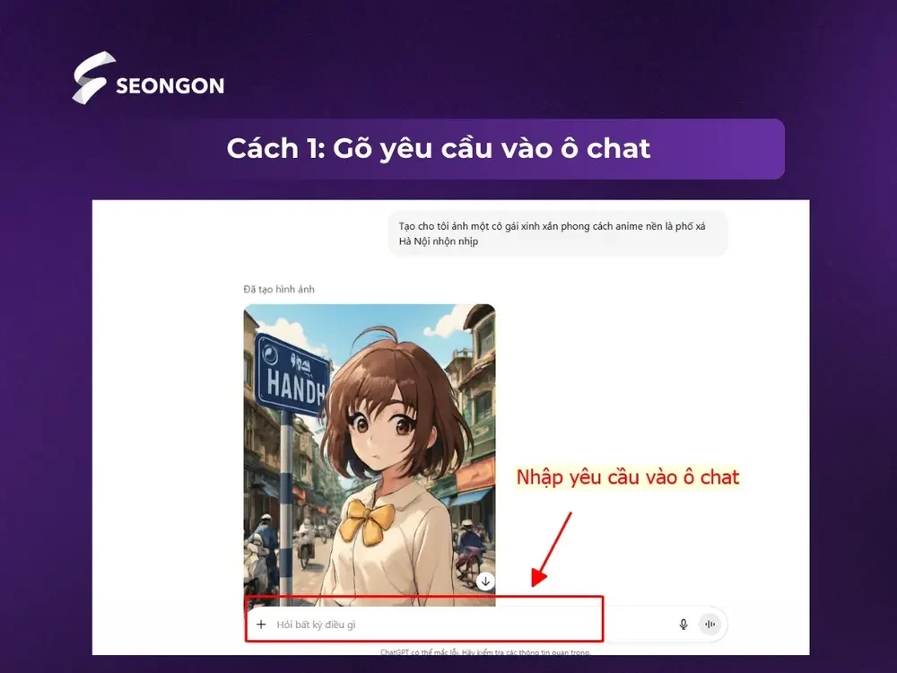 Gõ yêu cầu vào ô chat để nhận được hình ảnh ưng ý