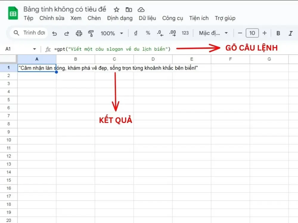 Hướng dẫn nhập câu lệnh để yêu cầu ChatGPT viết một câu slogan về du lịch biển trên Google Sheets