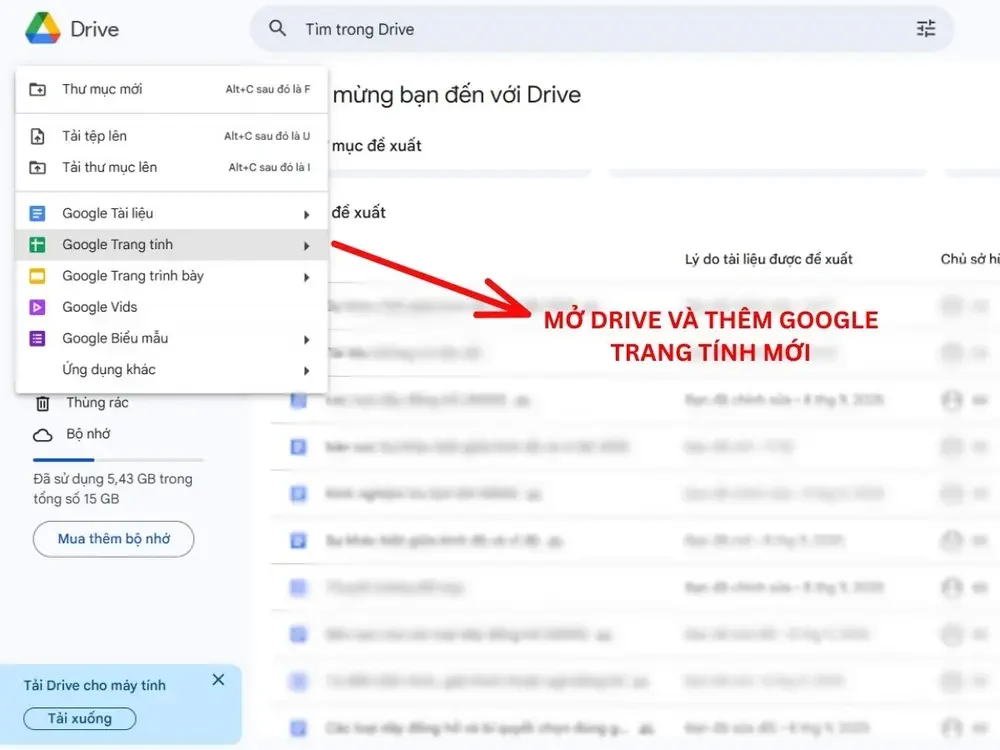 Mở Google Drive và chọn Google trang tính