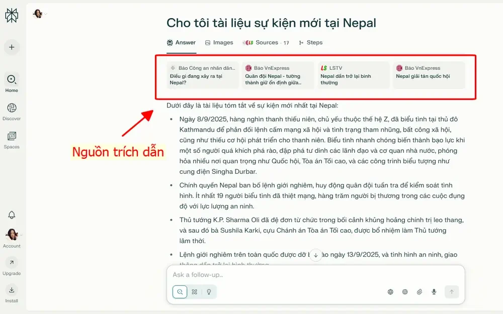 Mỗi câu trả lời từ Perplexity đều đi kèm với nguồn trích dẫn uy tín